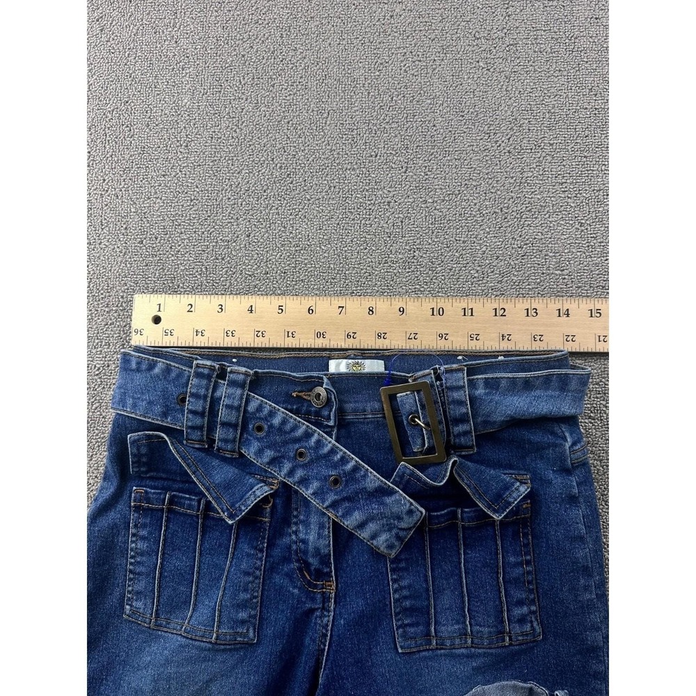 Y2K Sunshine Apparel Jeans Women 9/10 Blue Belted Flare Solid Streetwear Hippie - Picture 4 of 6